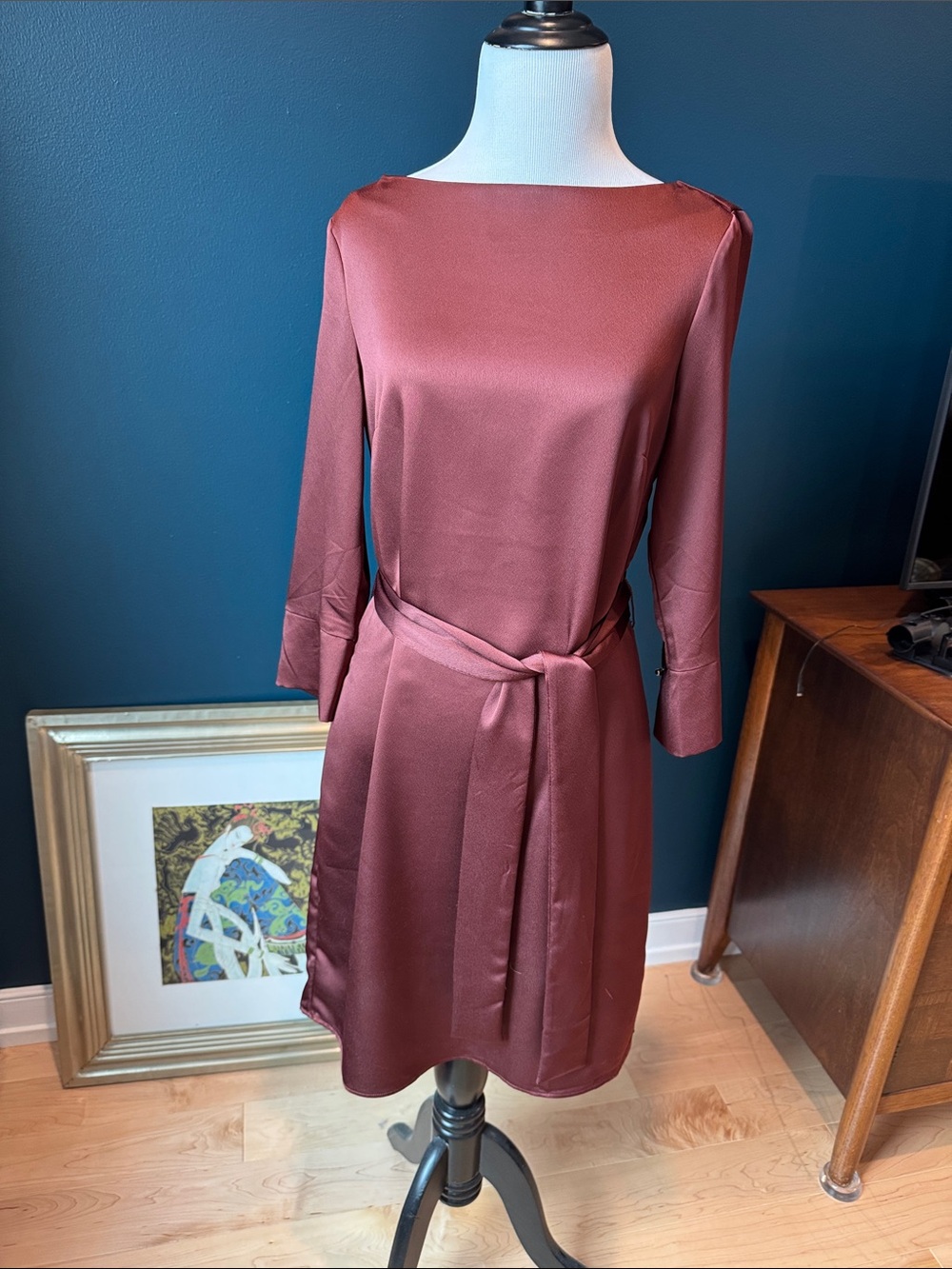 H&M Satin Long-Sleeve Belted Dress in Rust